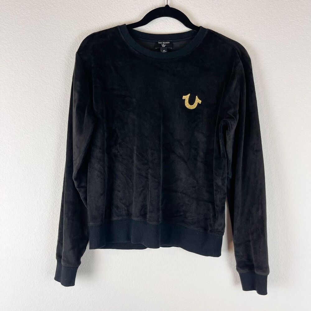True Religion Glitter Velour Sweatshirt Womens Small Black Crew Neck‎ Casual